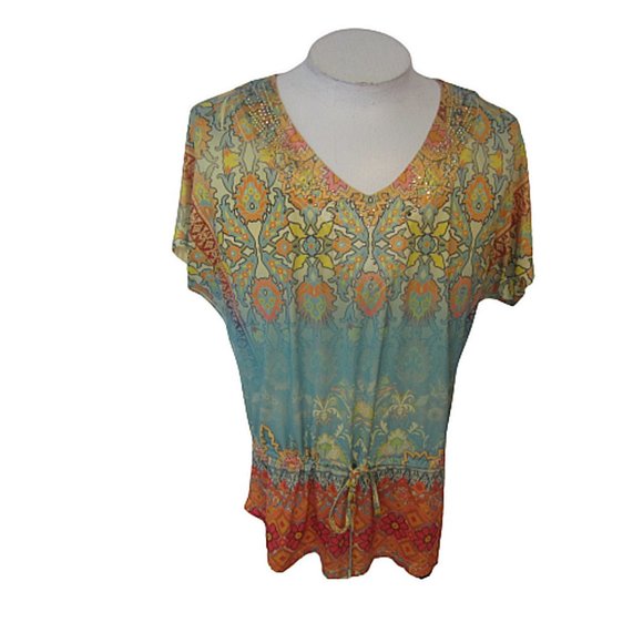 Live and Let Live women top tunic sz M colorful sparkle hippie chick festival - Picture 1 of 10